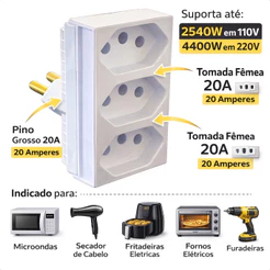 Adaptador De Tomada 3 Saídas 20a Extensor Triplo Tipo T Benjamin Tê Pino Grosso Monobloco 127/220v