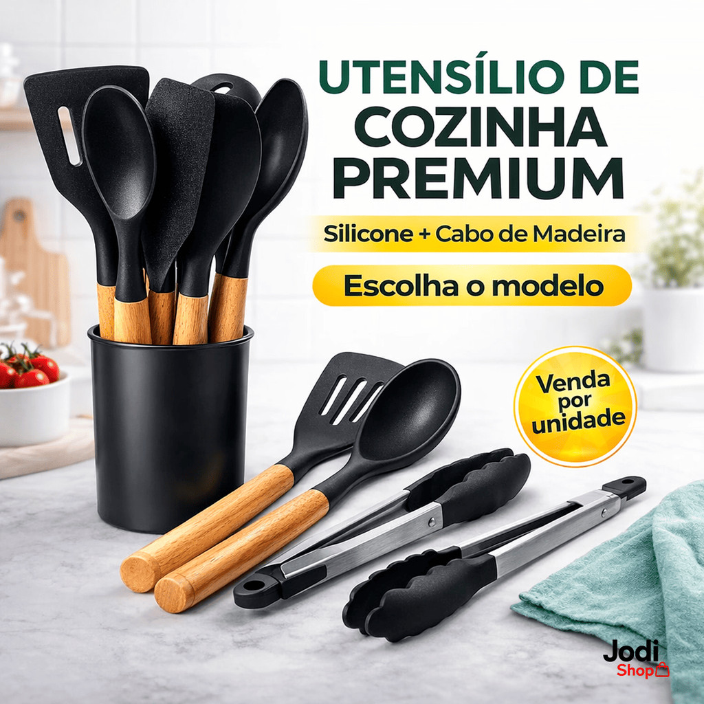 Utensílio Cozinha Silicone Cabo Madeira Antiaderente Resistente Calor Premium