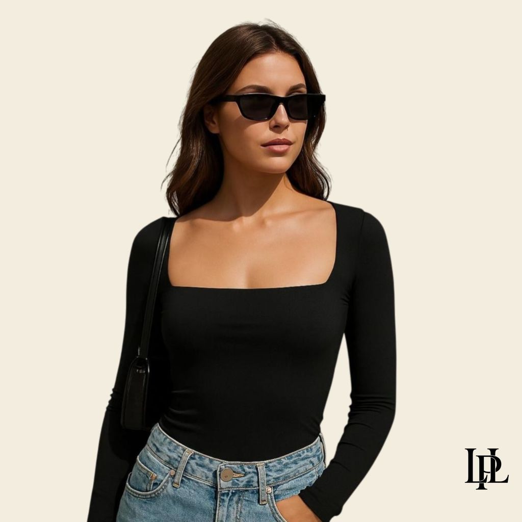 Body Feminino Decote Quadrado Manga Longa Suplex Com Forro Collant Bori Tendência Moda Blogueira Casual P M G GG