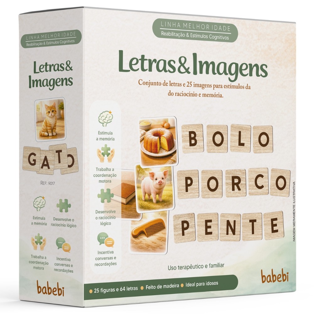 JOGO LETRAS E IMAGENS MADEIRA BABEBI RACIOCÍNIO LÓGICO IDOSOS COORDENAÇÃO MOTORA MEMÓRIA TERAPÊUTICO