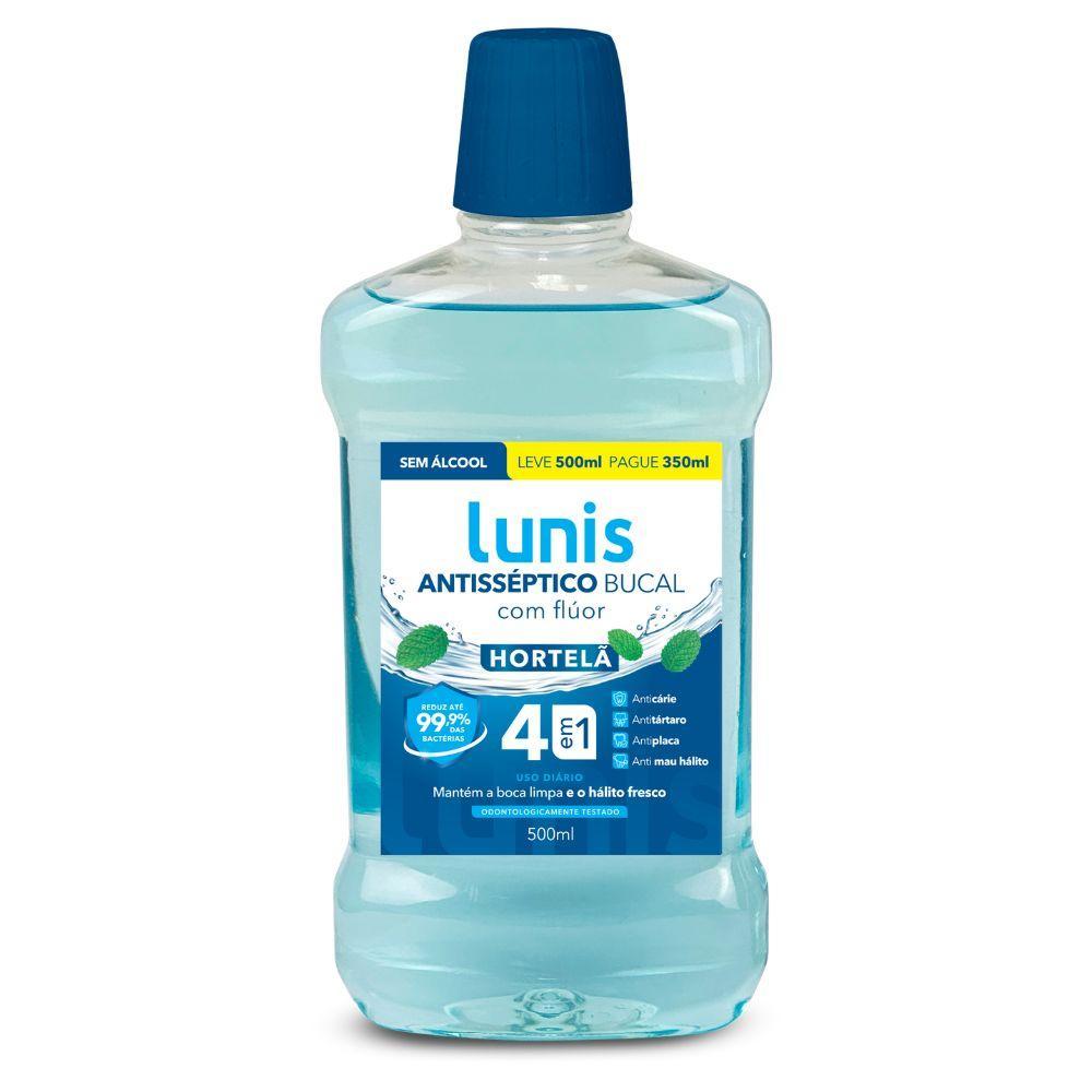 ENXAGUANTE BUCAL LUNIS HORTELA SEM ALCOOL LEVE 500ML PAGUE 350ML