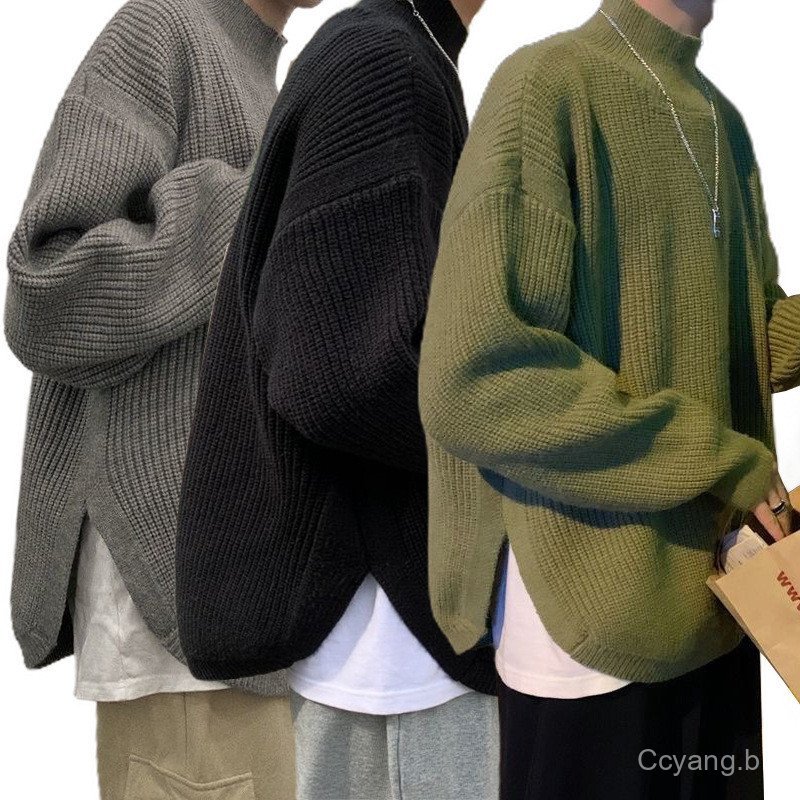 Suéter De Malha Masculino Plus size Com Fenda , Cor Sólida , Gola Meia Alta , Adequado Para Camadas