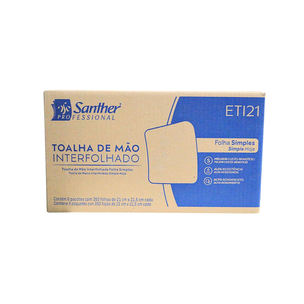 Papel Toalha Interfolhado 2 Dobras Folha Simples 21x21,5 ECO ETI21 com 2.100 Folhas Santher