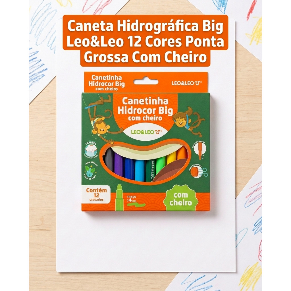 Canetinha 12 cores com Cheiro ponta grossa Hidrocor Big Leo&Leo