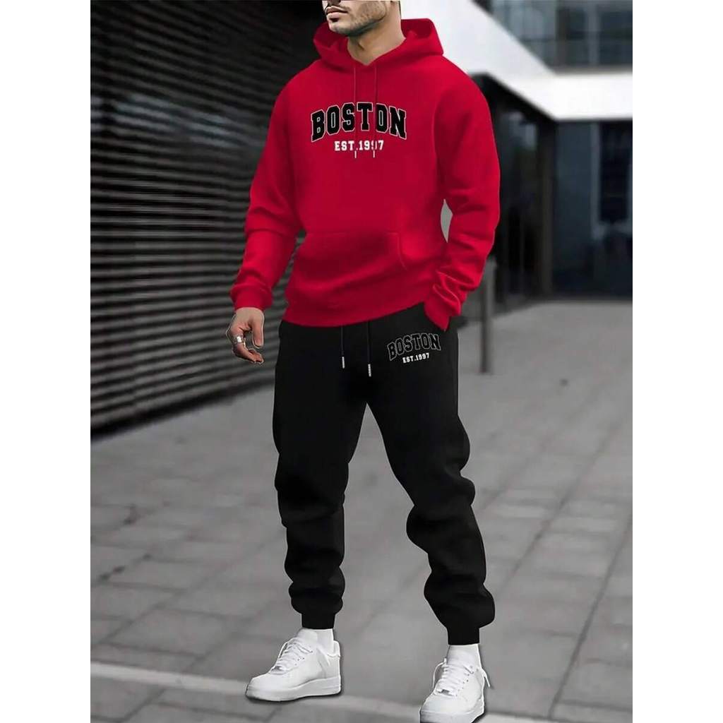 Conjunto Moletom Canguru + Calça Par com Capuz e bolsos Agasalho Masculino Estampado Boston Est 97