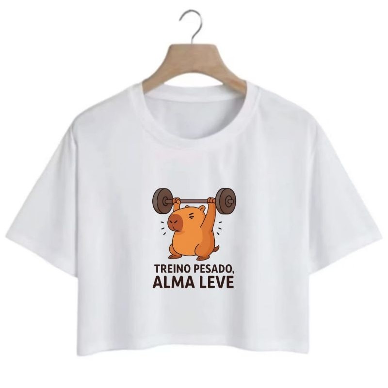 Cropped Feminino Camiseta Estampada Algodão Treino Academia Confortável Gola Redonda