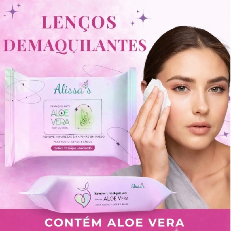Lenços Umedecidos Demaquilantes Aloe Vera-Remove Maquiagem, Limpa e Hidrata a Pele-Alissa’s 48Uns