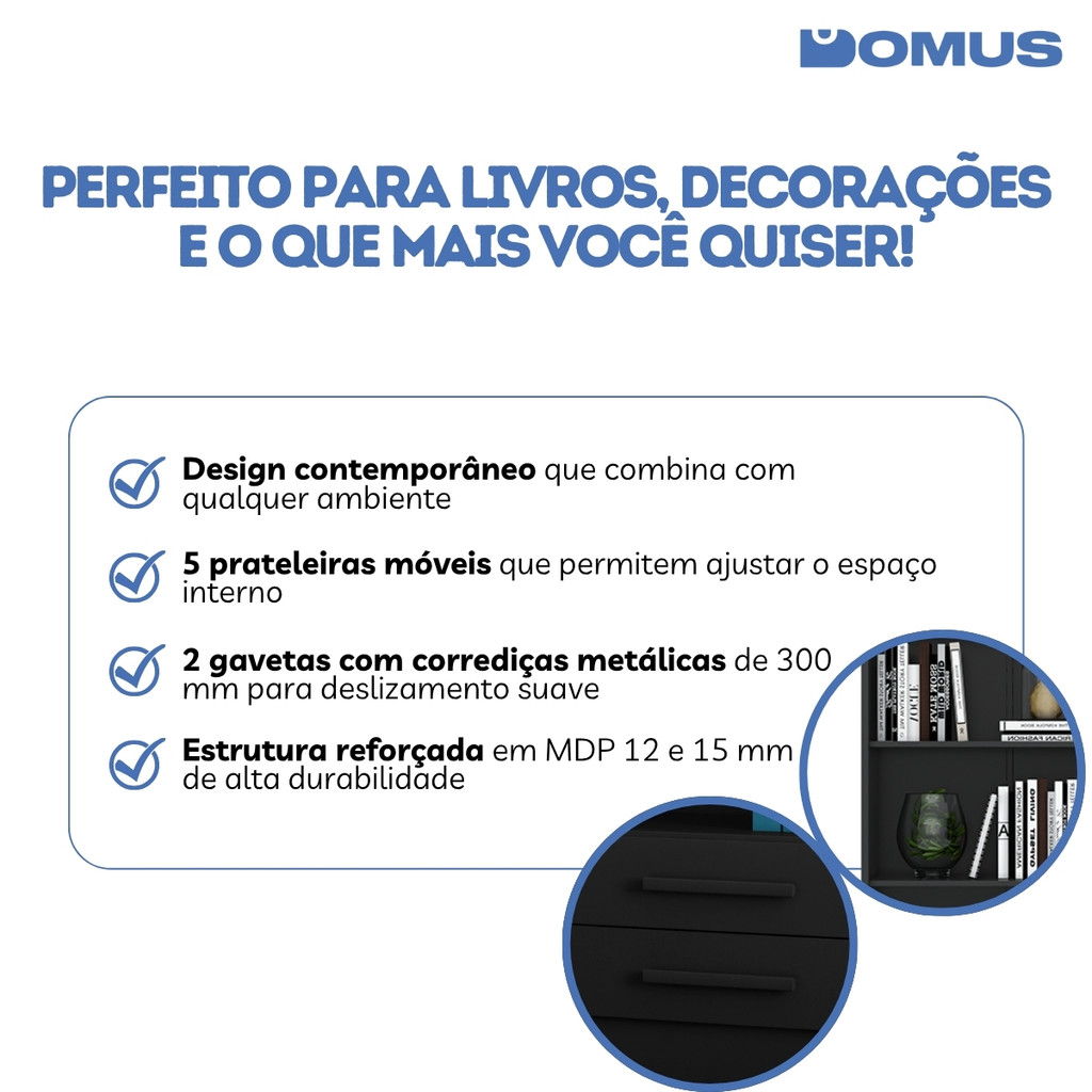 Estante 5 Nichos Armario Livreiro com 2 Gavetas MDP Qmovi — imagem 2 de 2