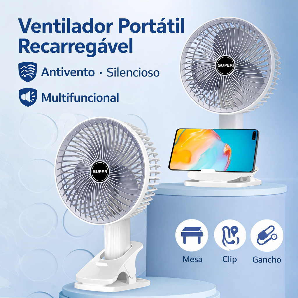 Ventilador Portátil Recarregável com Base de Clipe Ideal para Mesa Escritório Casa e Viagem