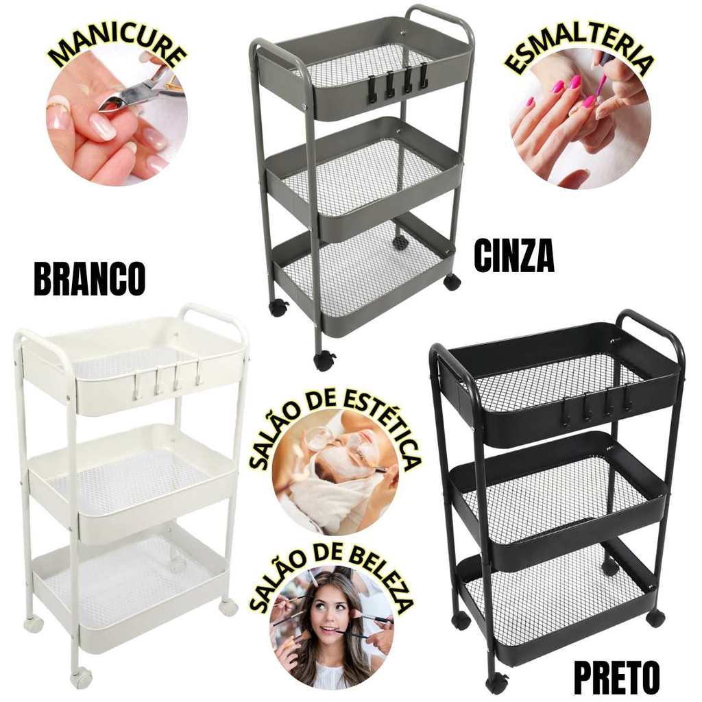 Carrinho Auxiliar com 3 andare de Ferro ou Acrílico  rodinhas para Salão de Beleza Pedicure Manicure Esmalteria Estética