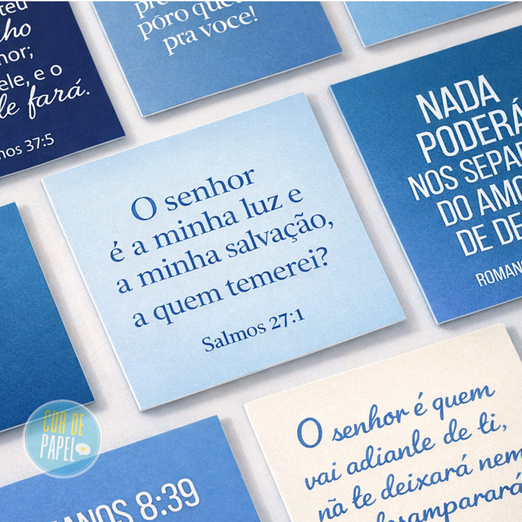 Kit Mini Cartões Tons de Azul Frases Biblicas 5x5cm