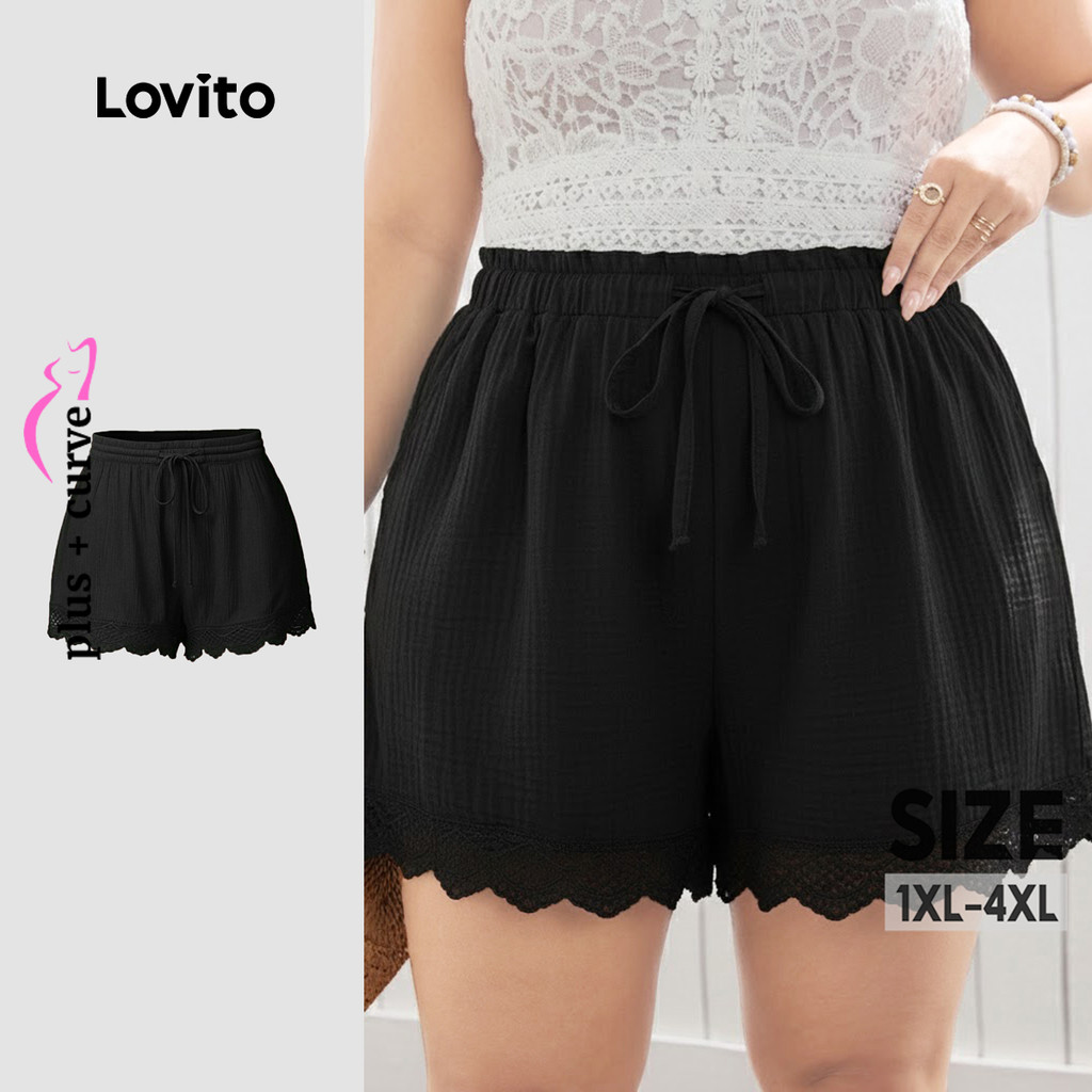Lovito Shorts Boho Tecido Costura Primavera/verão Shorts Pretos para Mulheres LNE130042 em Oferta na Shopee