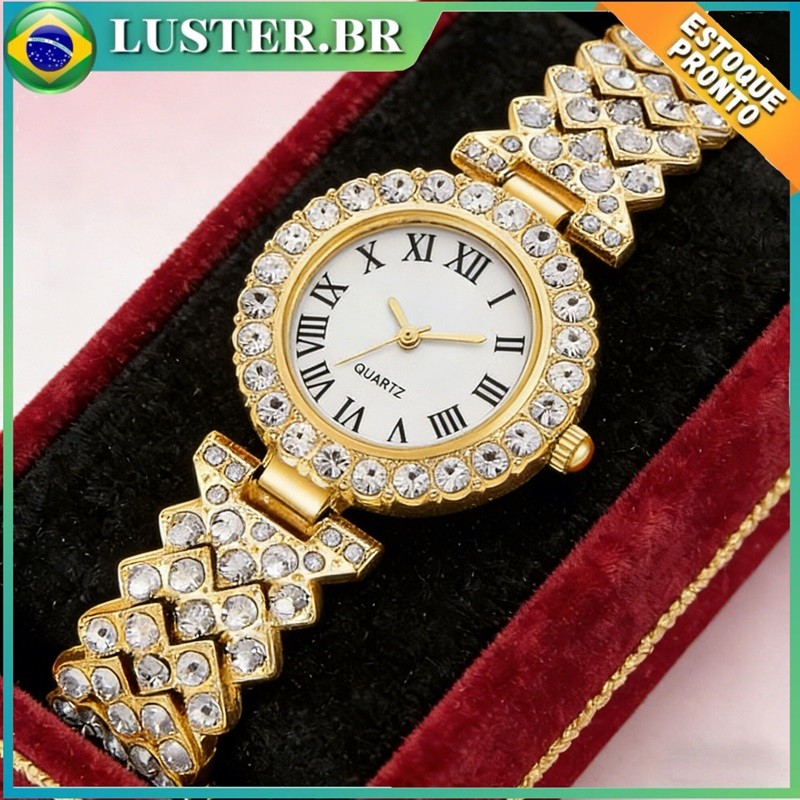 Relógio de pulso feminino de ouro com incrustações de diamantes, relógio de quartzo com numeração romana, leve e luxuoso em Oferta na Shopee
