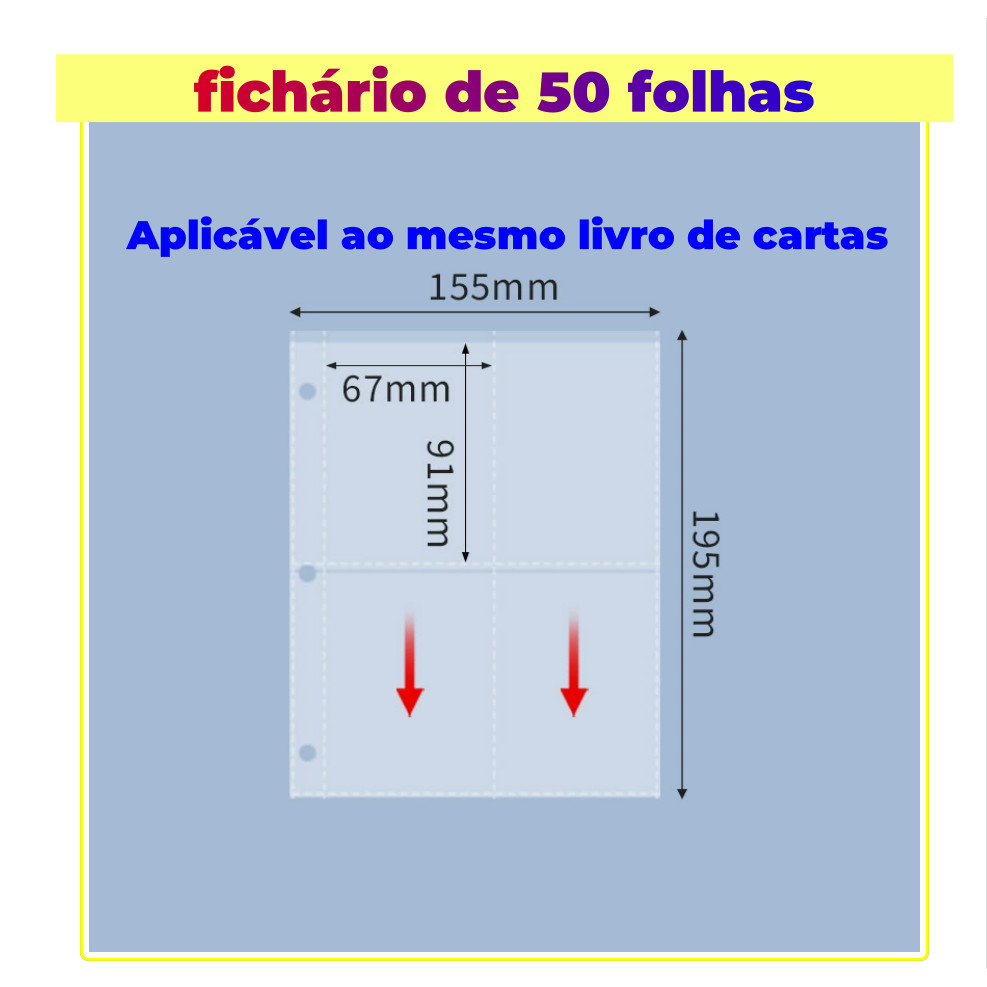 50 Folhas para Cards e Cartas para fichário pasta Álbum argola 3 Furos 4 Bolsos Pokémon Magic Yugioh RPG cardgame