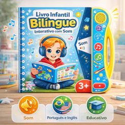 Livro Interativo com Som Infantil Bilíngue Português Inglês Com Tradução Multi Temas