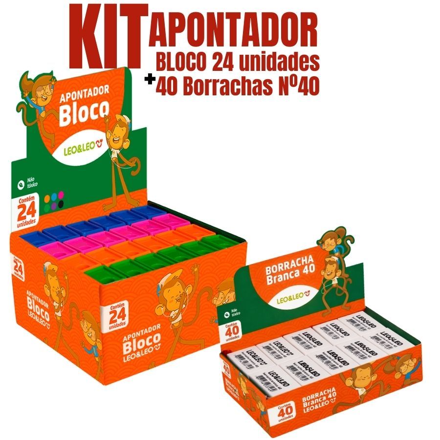 Kit Apontador Escolar Com Depósito + Borracha Branca Nº 40 Leo & Leo