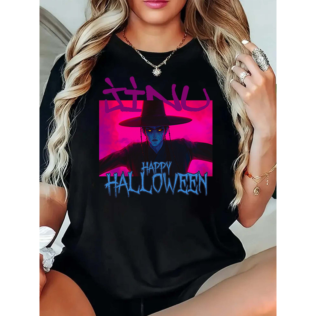 Camiseta Unissex Halloween Personagem Manga Preto Branco Coreano Estampado Divertido Confortável Estiloso Casual