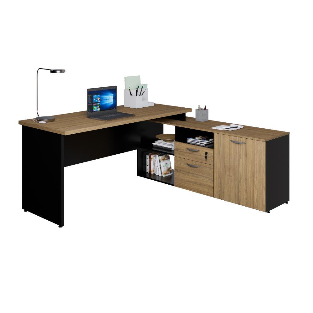 Mesa Escrivaninha em L Escritório Diretor 1 Gaveta 1 Pasteira 1 Porta 170x160cm Macadâmia/Preto Web Office