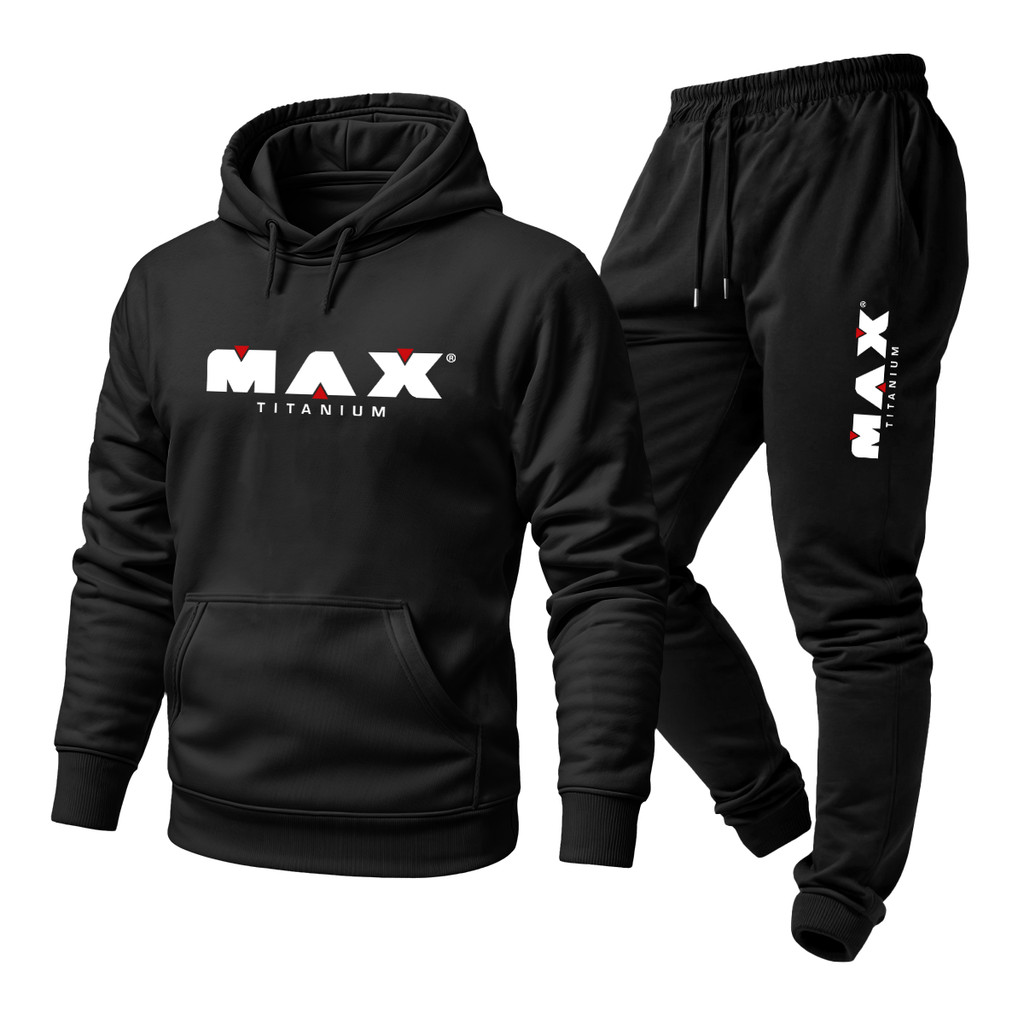 Conjunto Moletom Academia Unissex Estampado Max Titanium Calça e Blusa Com Capuz Bolso Canguru