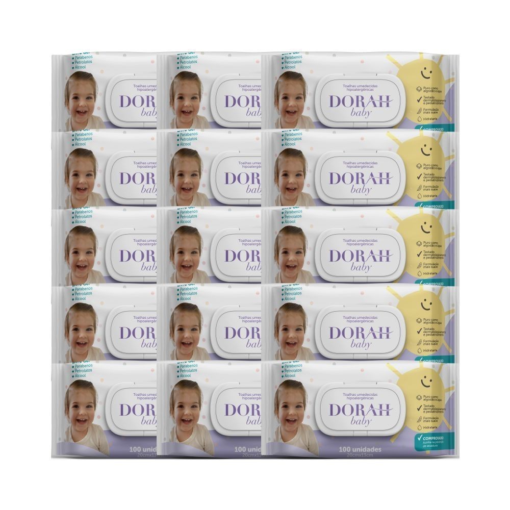 Kit com 1500 Lenços Umedecidos SEM Álcool Dorah Baby com Tampa Flip Top (15un x 100 Fls) - Proteção + Limpeza