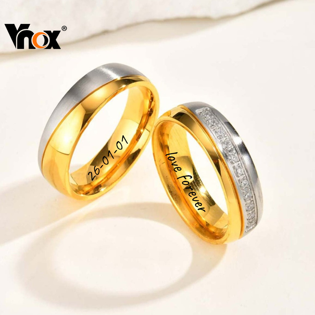 Anéis De Casal De Aço Inoxidável Vnox , Alianças De Casamento Personalizadas Com Zircônia , Para Ele E Ela