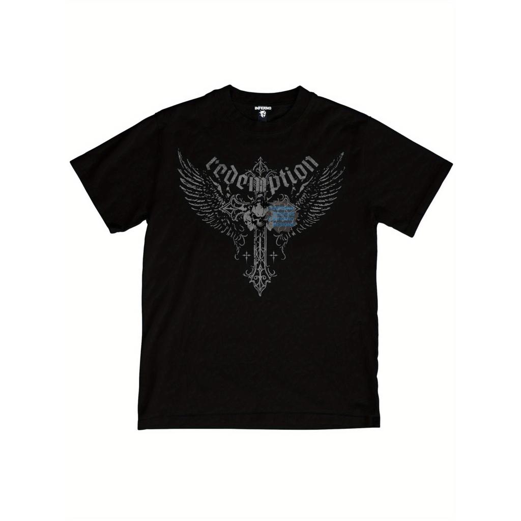 Camiseta Y2K Grunge Gótica - Estampa Heavy Metal com Asas, Camiseta de Pesco?o Redondo para Shows e Looks Casuais, Uniss