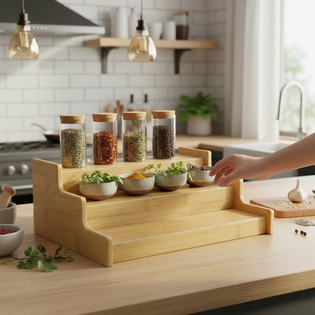 Organizador 3 Andares Porta Temperos Cozinha Bambu Pódio Bege em Oferta na Shopee