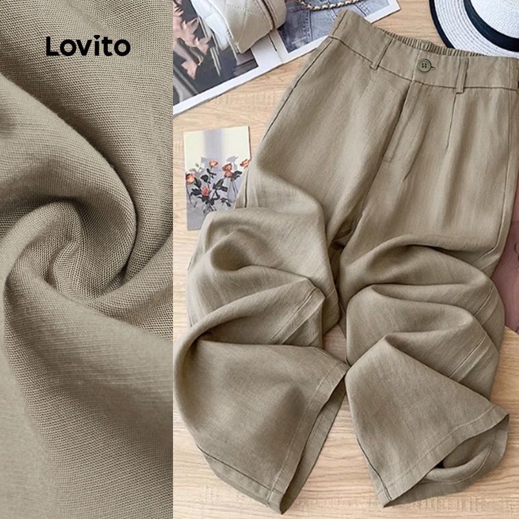 Lovito Calça Casual Textura Calça Khaki para Mulheres L166AD048 em Oferta na Shopee