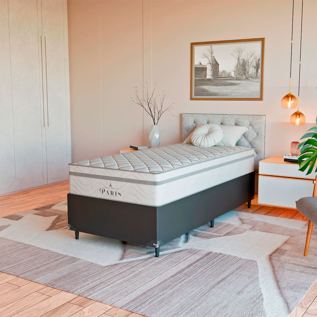 Cama Box Solteiro Couro Preto + Colchão Paris Molas Branco