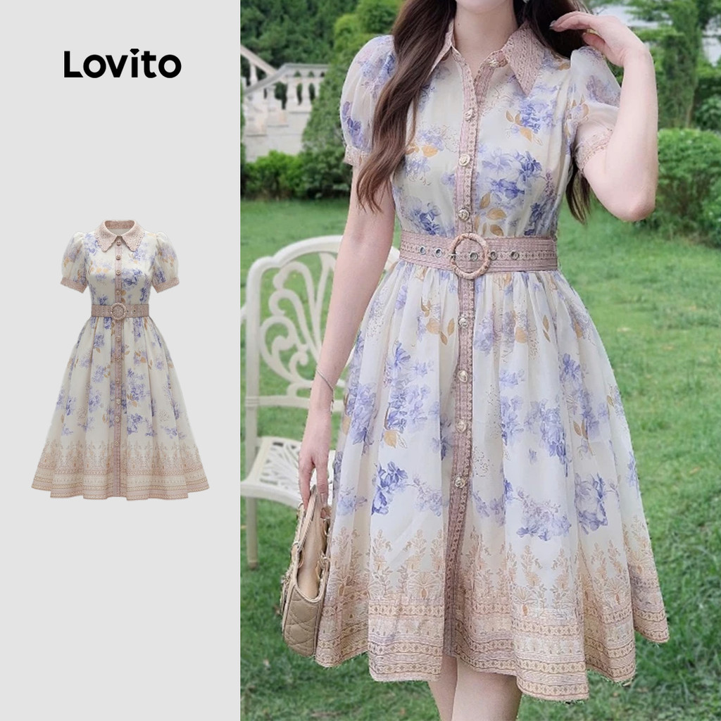 (Elegante) Lovito Vestido com cinto estilo nacional vestido primavera/verão para mulheres LK3ED163
