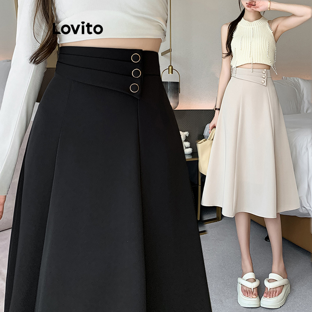 Lovito Saias Casuais Saias De Botão Liso Para Mulheres LNM69126 em Oferta na Shopee