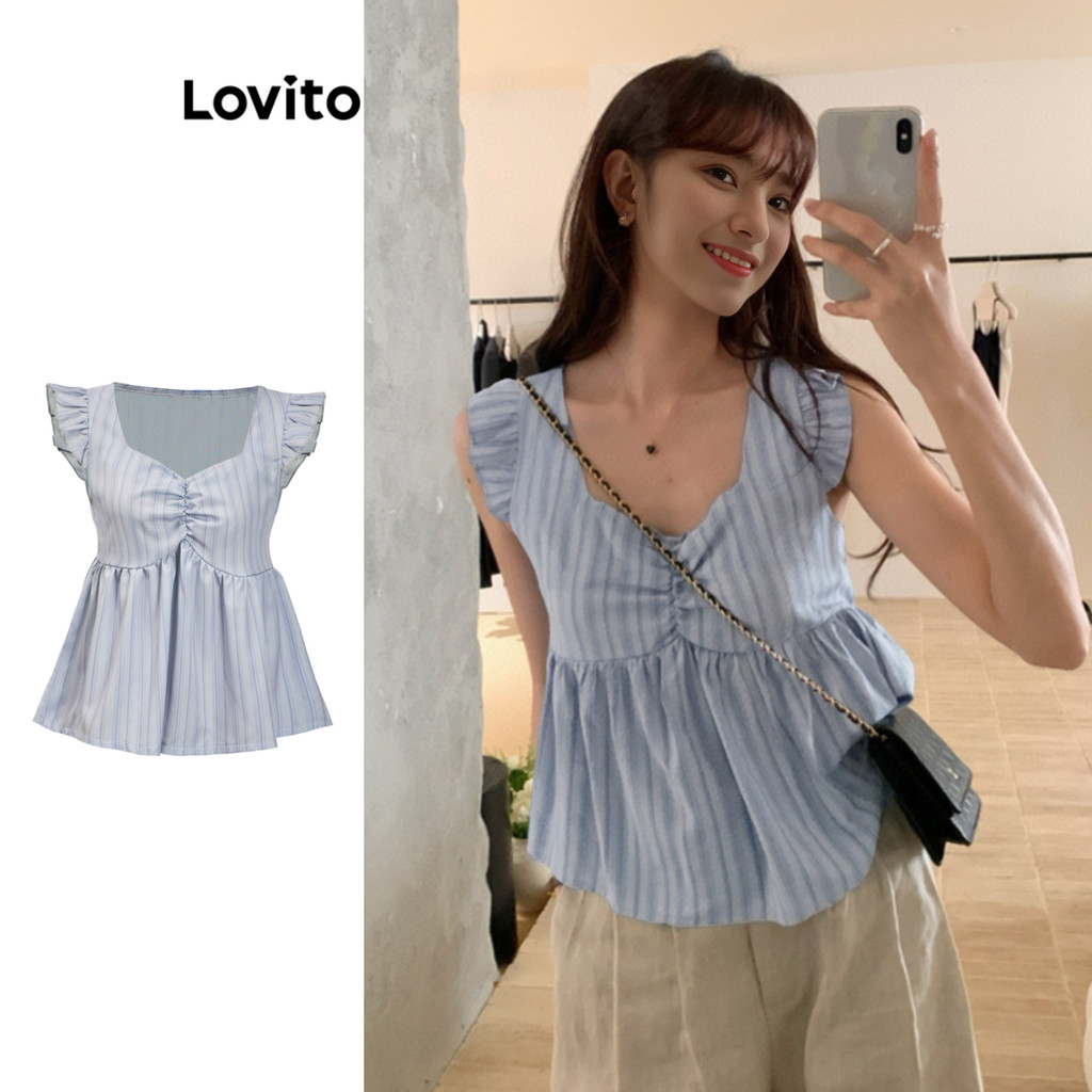 Lovito Blusa Casual Listrada Blusa Franzida Para Mulheres L95ED062 em Oferta na Shopee