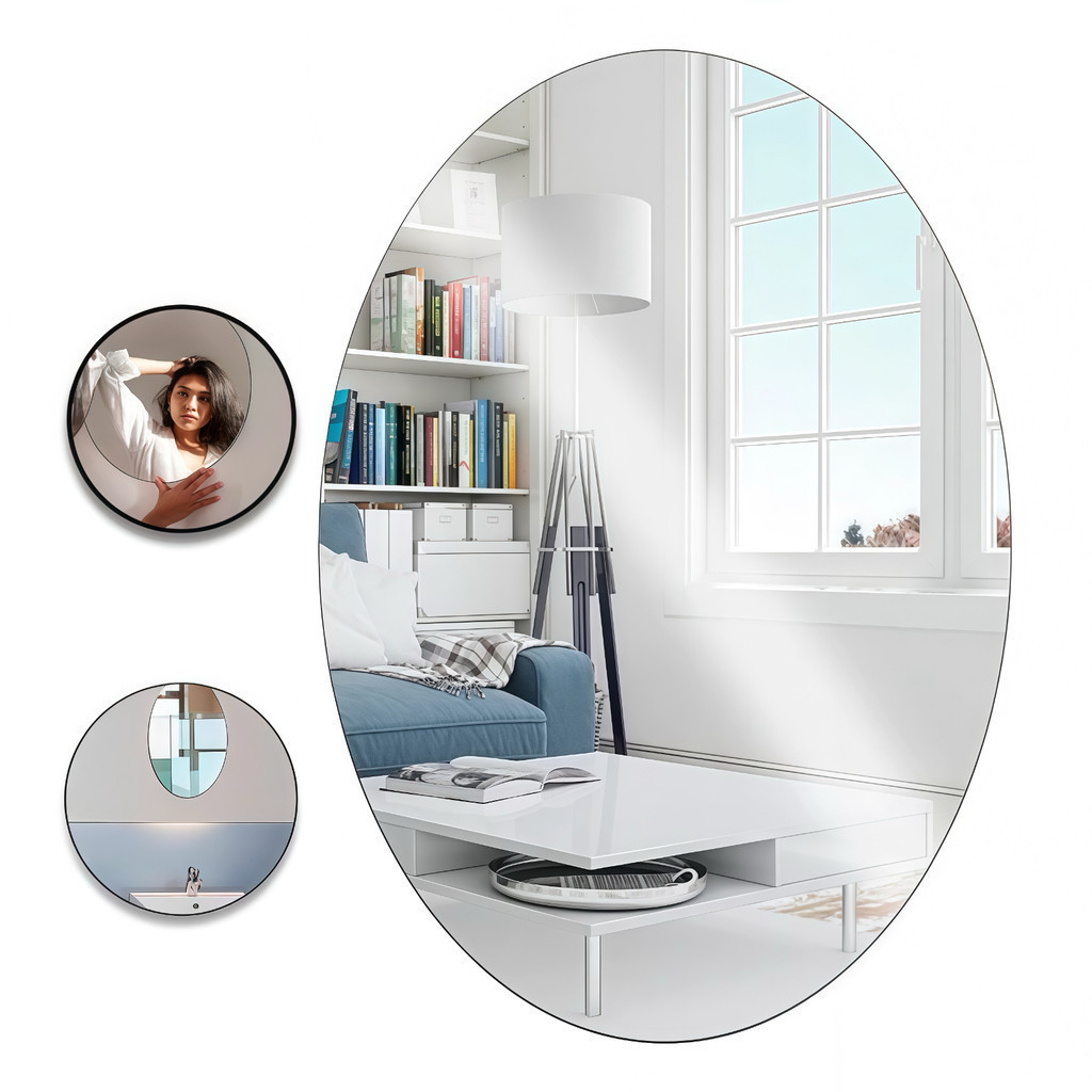 Espelho Adesivo Plástico Decorativo Flexível Espelhado 25x40cm Retangular Oval Auto Colante Parede Decoração
