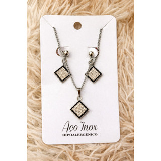 Conjunto Feminino Aço Inox | Colar + Brinco Cravejado Strass | Vários Modelos: Coração, Infinito em Oferta na Shopee