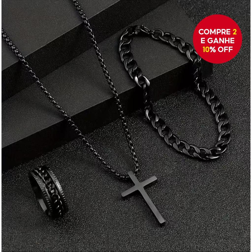 Conjunto De Pingente De Cruz Preta Estilo Punk Para Homens , Colar De Aço Inoxidável Brac elet Anel Joia Presente