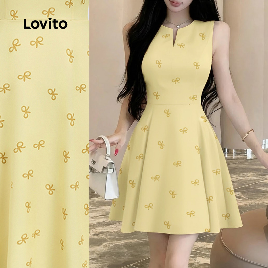 Lovito  Vestido Amarelo Feminino Primavera/verão Laço Vestido Elegante L177ED269 em Oferta na Shopee