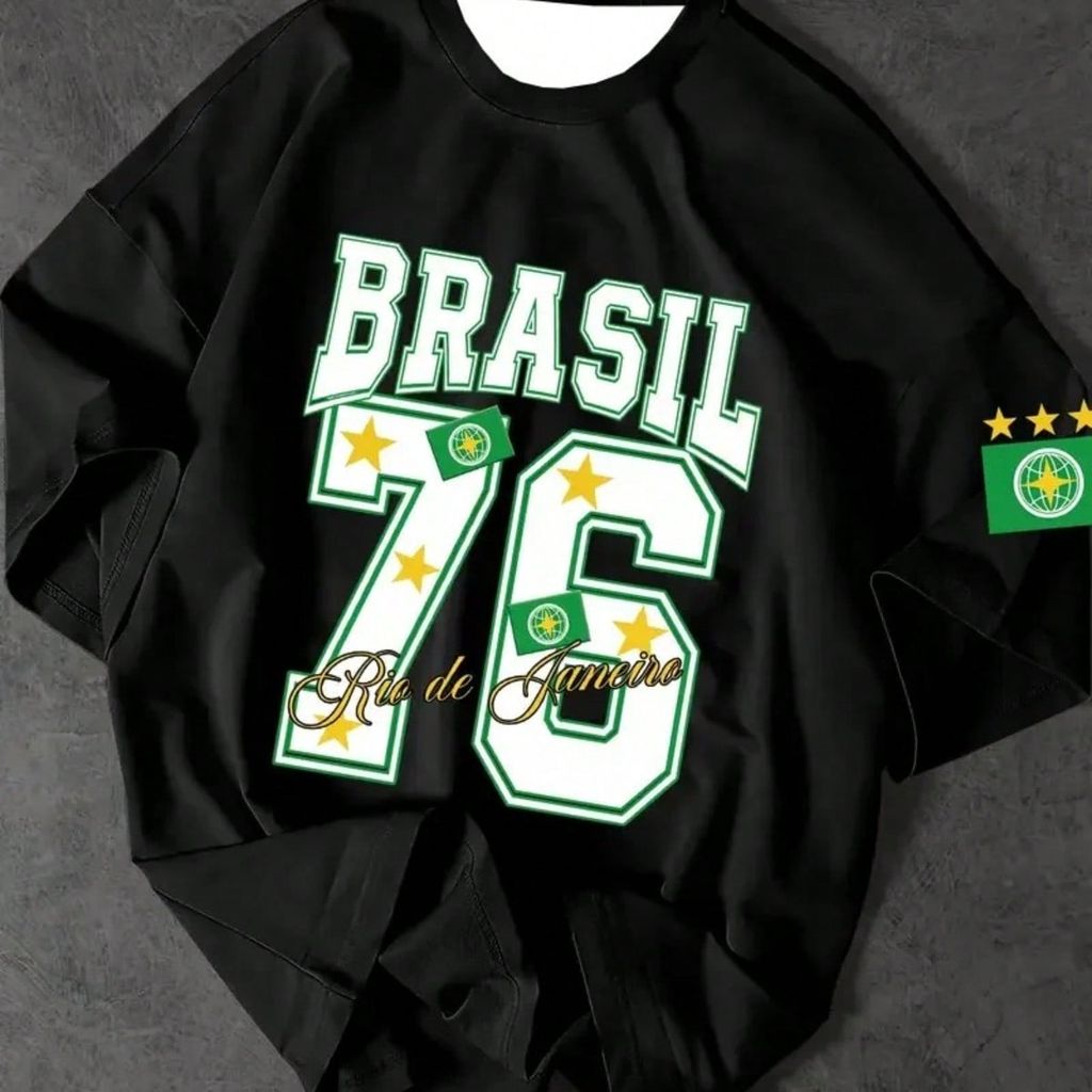 Tshirt Feminina Estilosa Estampada Brasil 76 Lançamento Camiseta 100% Algodão Camisetão Oversized Plus Size Camiseta