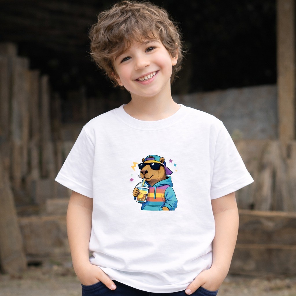 Camiseta Infantil Personalizada Desenho Capivara Estampada Divertida Confortavel Branca