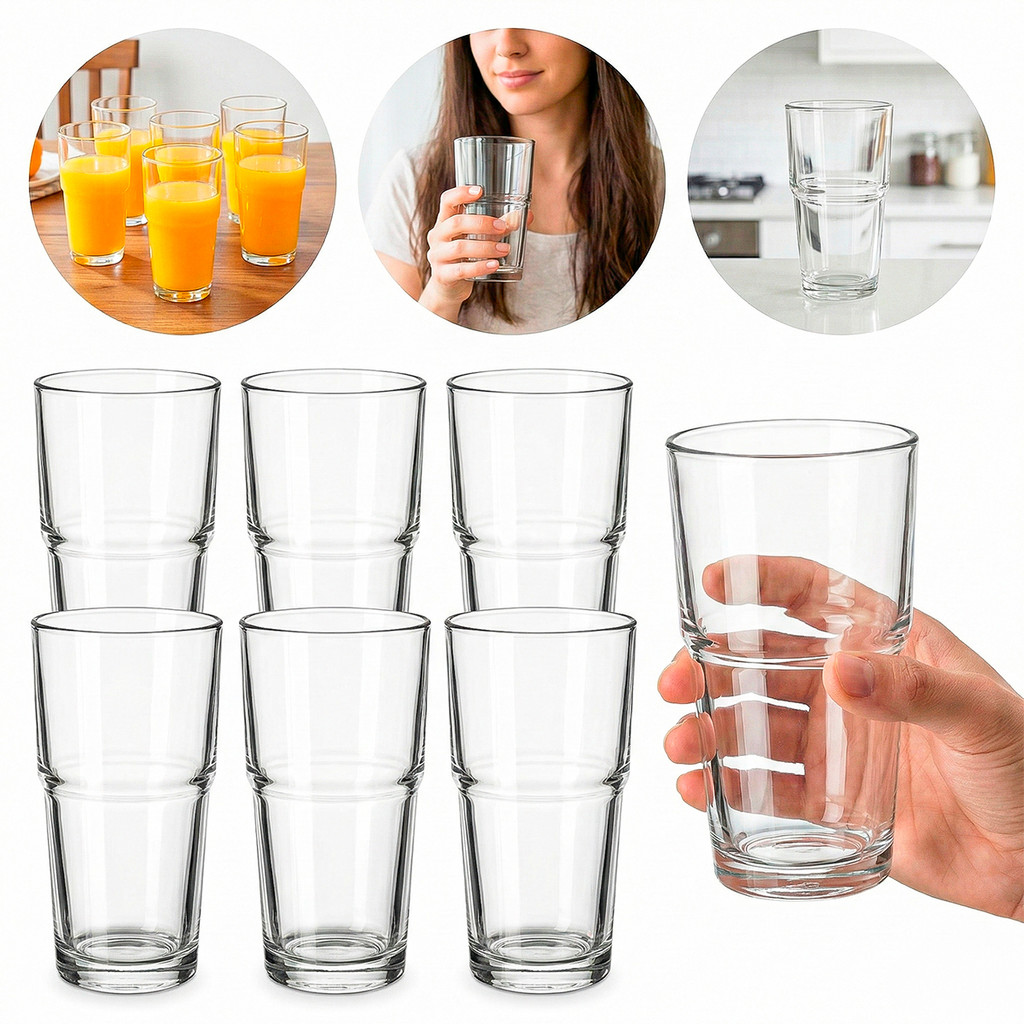 Jogo De Copos De Vidro Empilhável 350ml 6 Peças Transparente Cozinha Casa Hercos