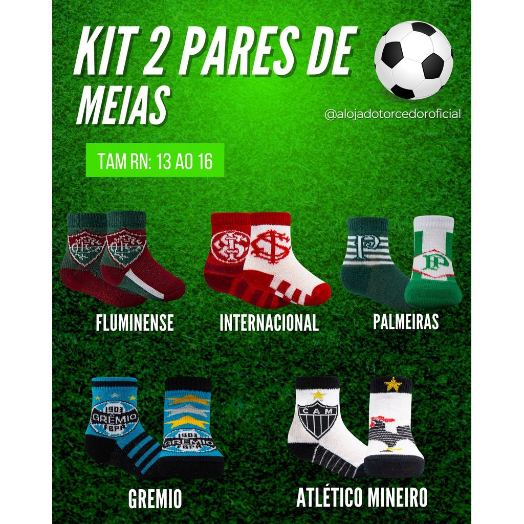Kit 2 Pares Meia RN Internacional, Palmeiras, Grêmio, Atlético Mineiro, Fluminense Licenciada  13/16