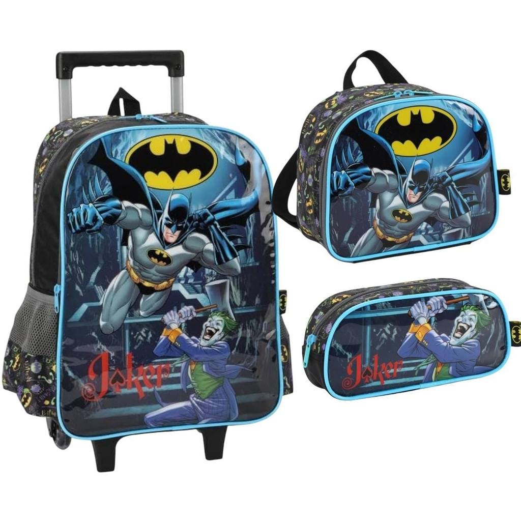 Kit Mochila Carrinho + Lancheira + Estojo - Batman PRETO - Luxcel