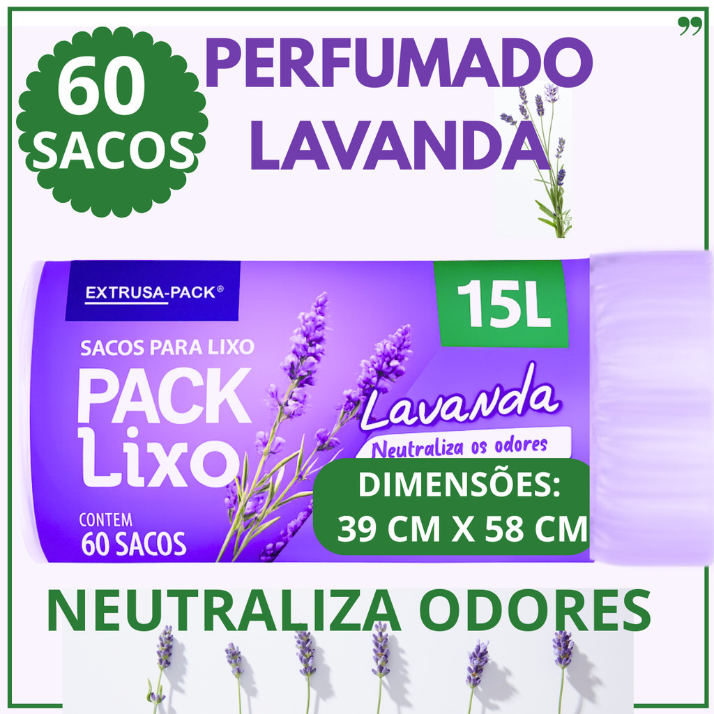 Saco de Lixo Lavanda 15L – 60 Unidades | Perfumado, Reforçado, Neutraliza Odores | 39x58 cm