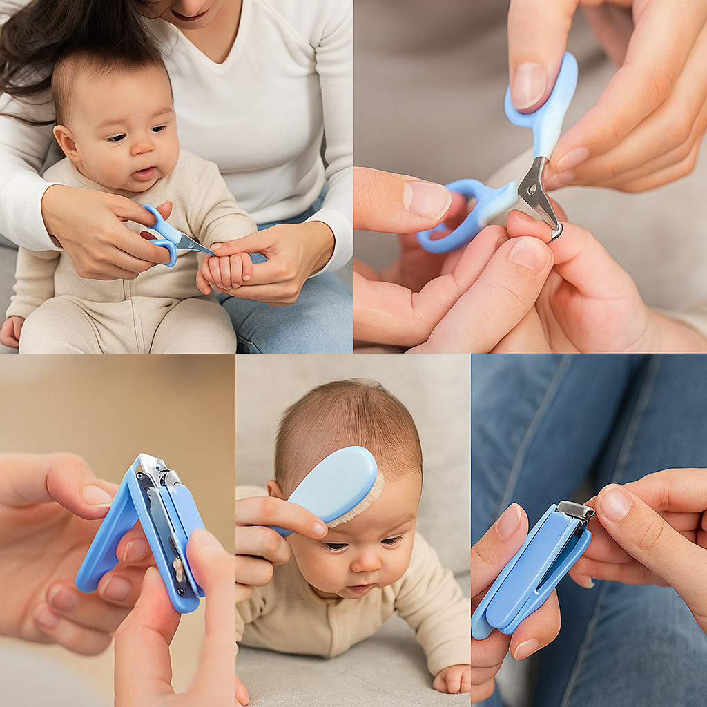 Kit 06 Peças Higiene Pente Cuidados Bebê Cortador Alicate Lixa Limpeza Escova Pente Tesourinha