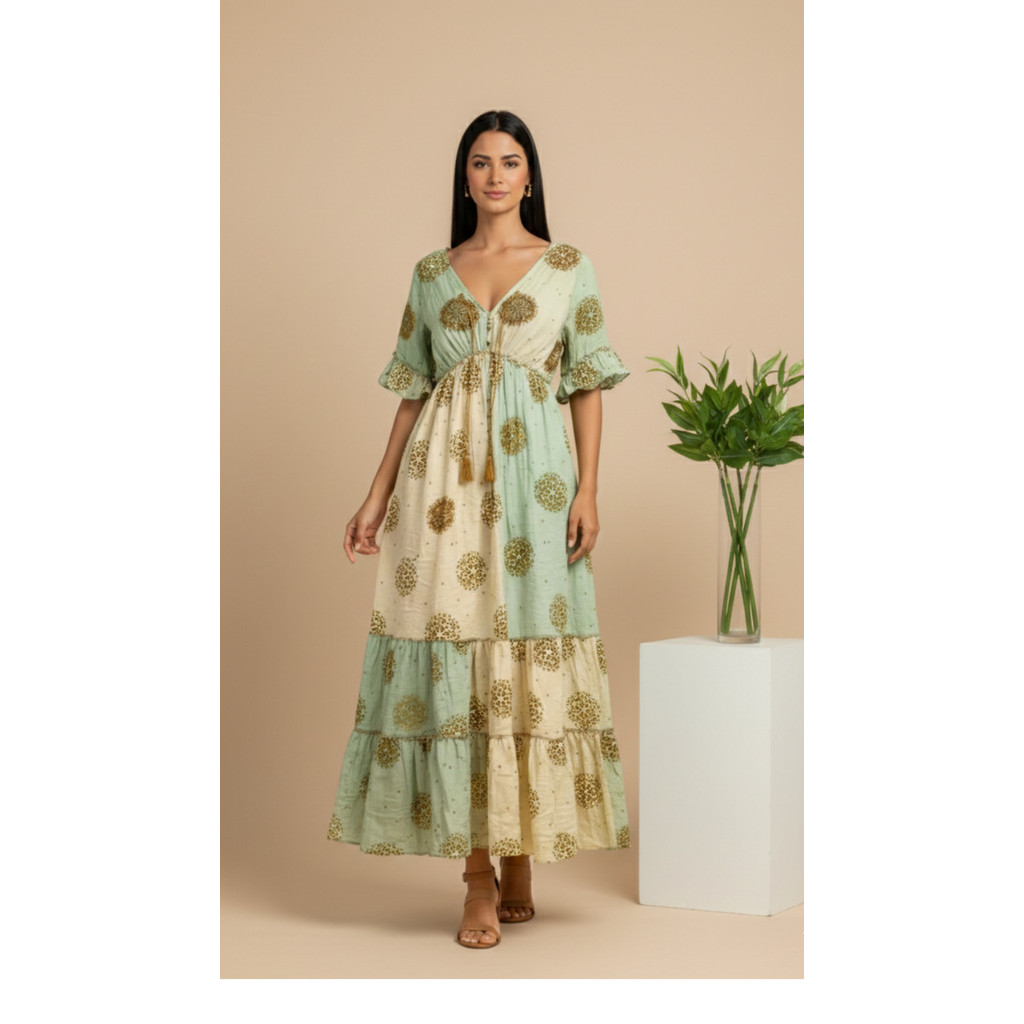 Vestido Longo Boho Chic Feminino Luxo Lastex Manga Curta Babado Estampado Floral Verão Elegante-00981
