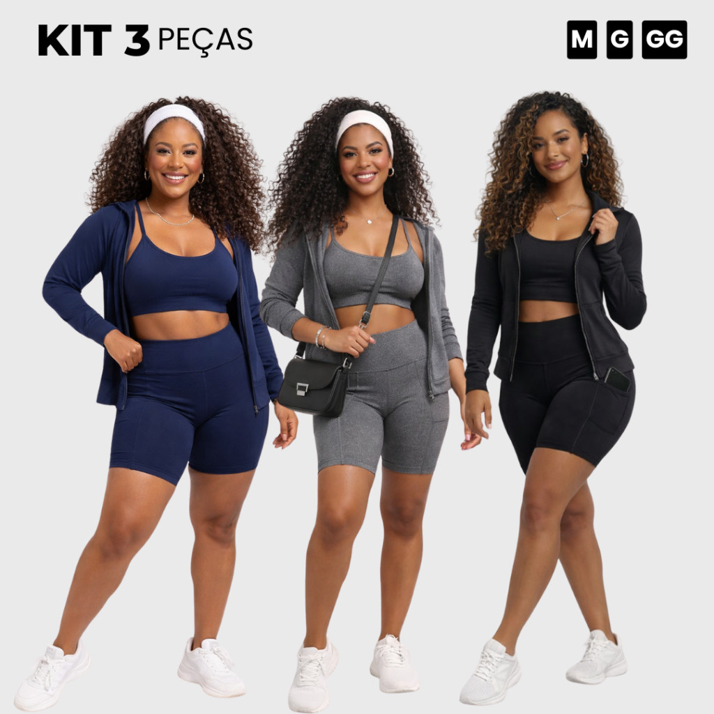 kit 3 Peças Conjunto Fitness Feminino Roupa Academia Jaqueta Feminina Esportiva +Top Alcinha+ Bermuda Com Bolso Lateral