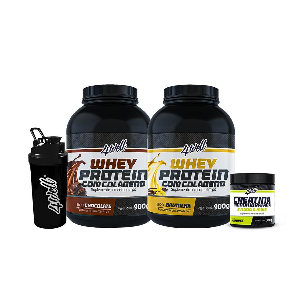Combo 2x Whey Protein  - Sabor Chocolate e Baunilha 900g + Creatina 300g + Coqueteleira - 4well