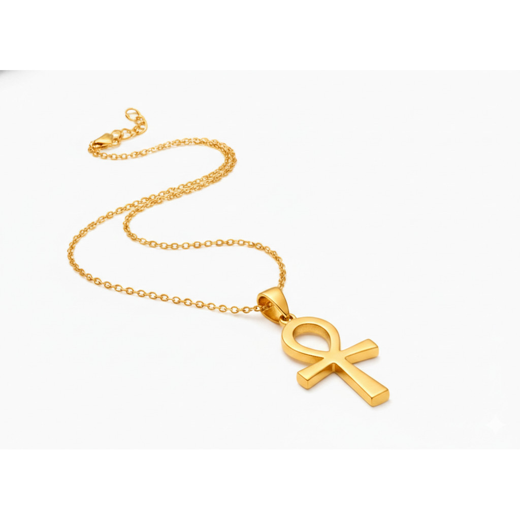Corrente 45cm Pingente Grande Cruz Ankh Ansata Egípcia Proteção e Estilo Aço inox Dourado C/extensor em Oferta na Shopee