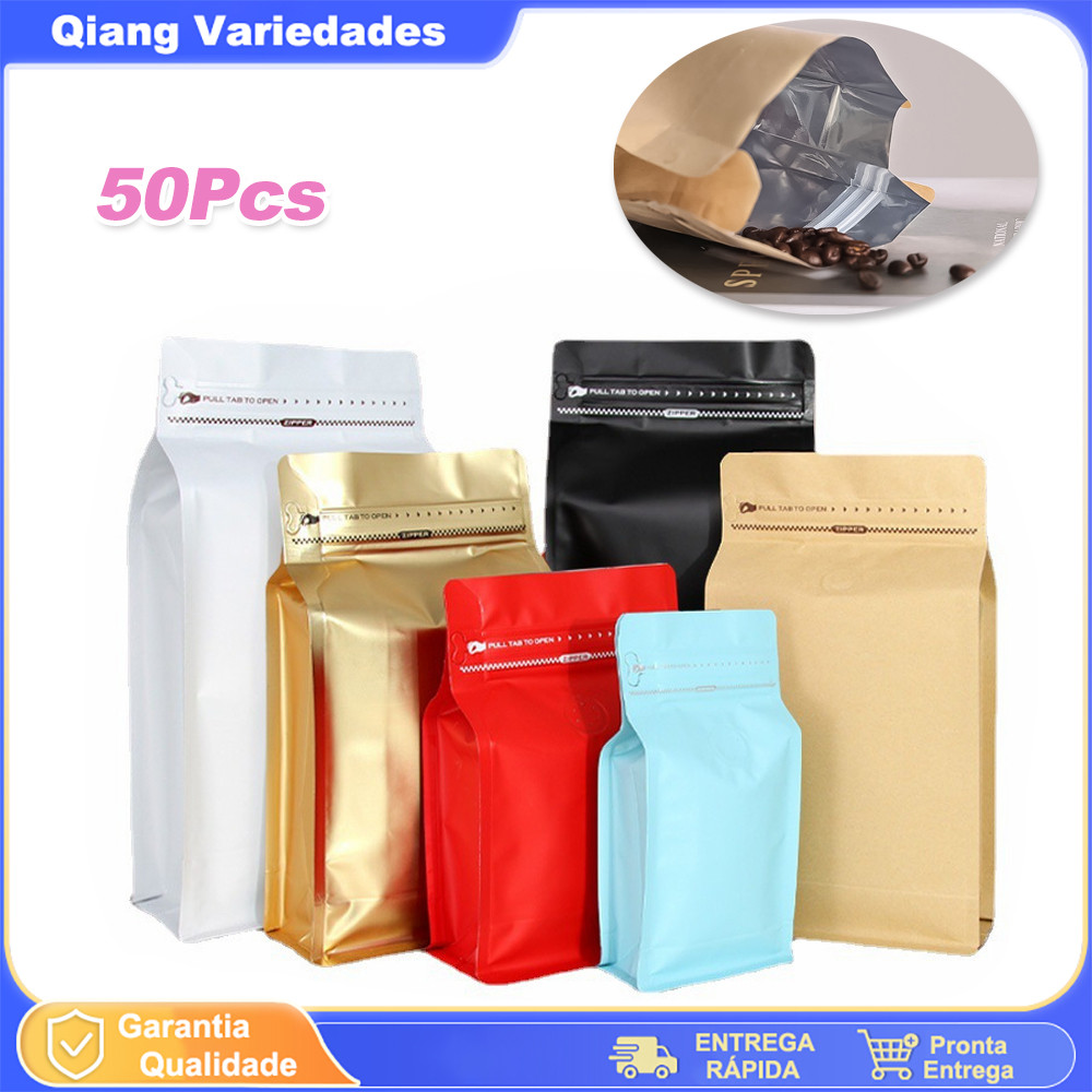 50 Pcs Saco Para Café/Biscoito, Embalagem Para Doces, Saco Stand Up Pouch Kraft Com Visor Zip Lock