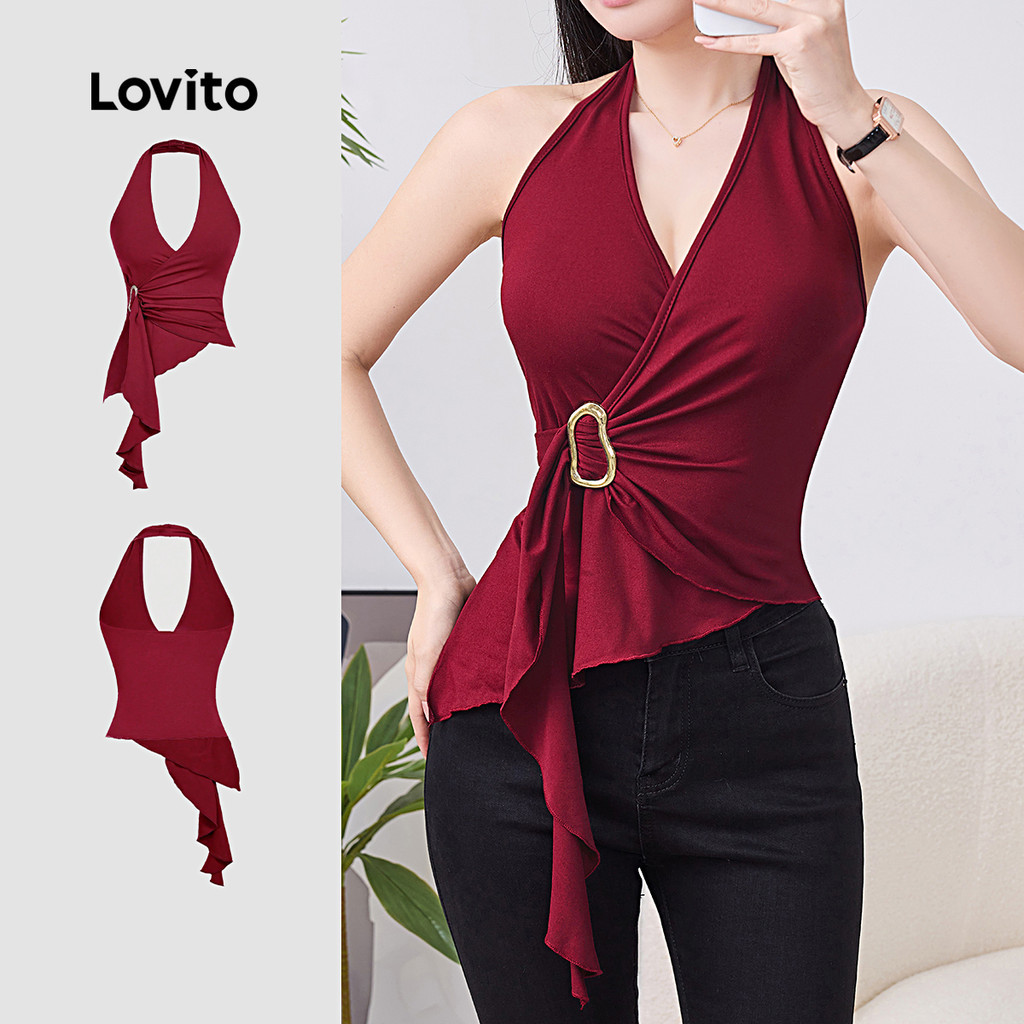 Lovito  Casual Top Metal Buckle Asymmetrical Primavera/verão Top Clarete para Mulheres. L171ED555 em Oferta na Shopee