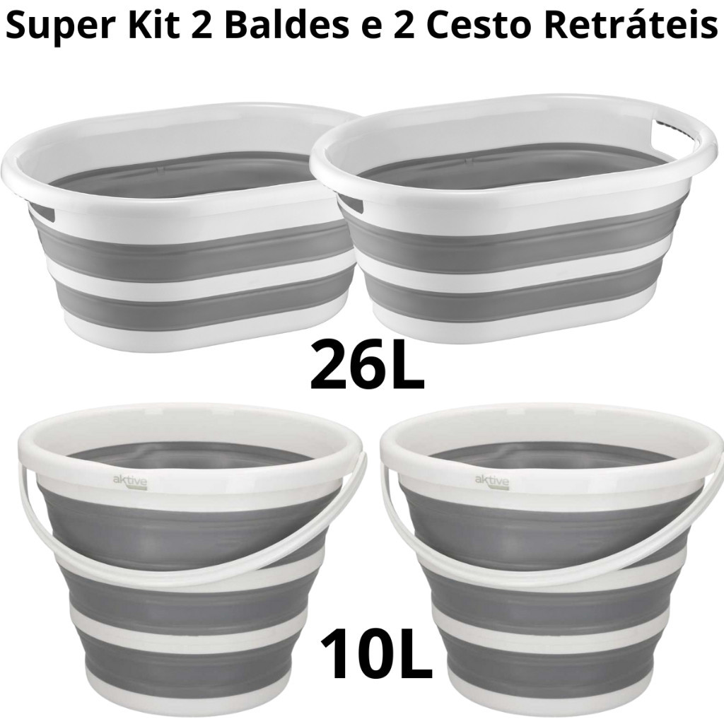 Super Kit Com 2 Cesto De 26 Litros Retrátil de Silicone E 2 Baldes De 10 Litros Retrátil Dobrável Silicone em Oferta na Shopee